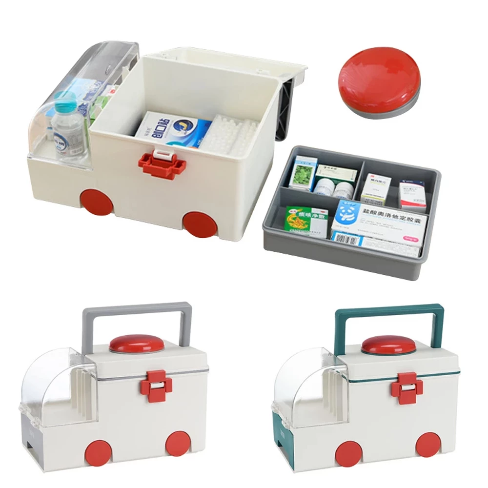 EduSoho Cute Ambulance Shape Medicine Box Organizer Storage,Medicine  Storage Box with Portable Handle,Double Layer Large Capacity First Aid  Organizers